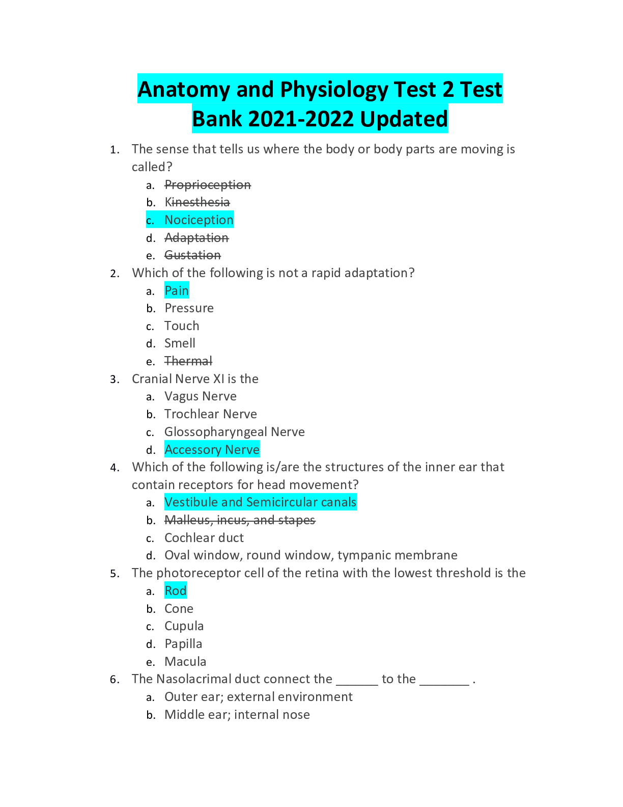 Preview of Anatomy and Physiology Test 2 TEST BANK (Latest Update 2022:2023) Questions & Answers